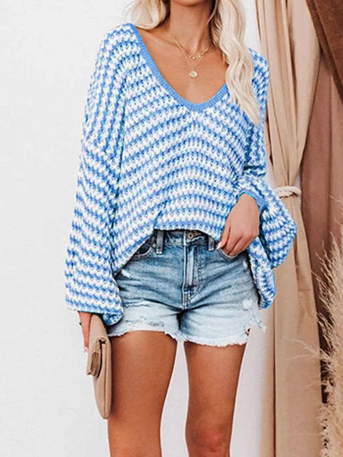 Sweaters Trendsi Striped V-Neck Drop Shoulder Sweater