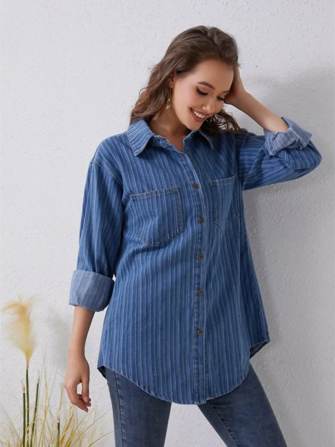 Women's Striped Denim Shirt by Trendsi | Cotton Blend
