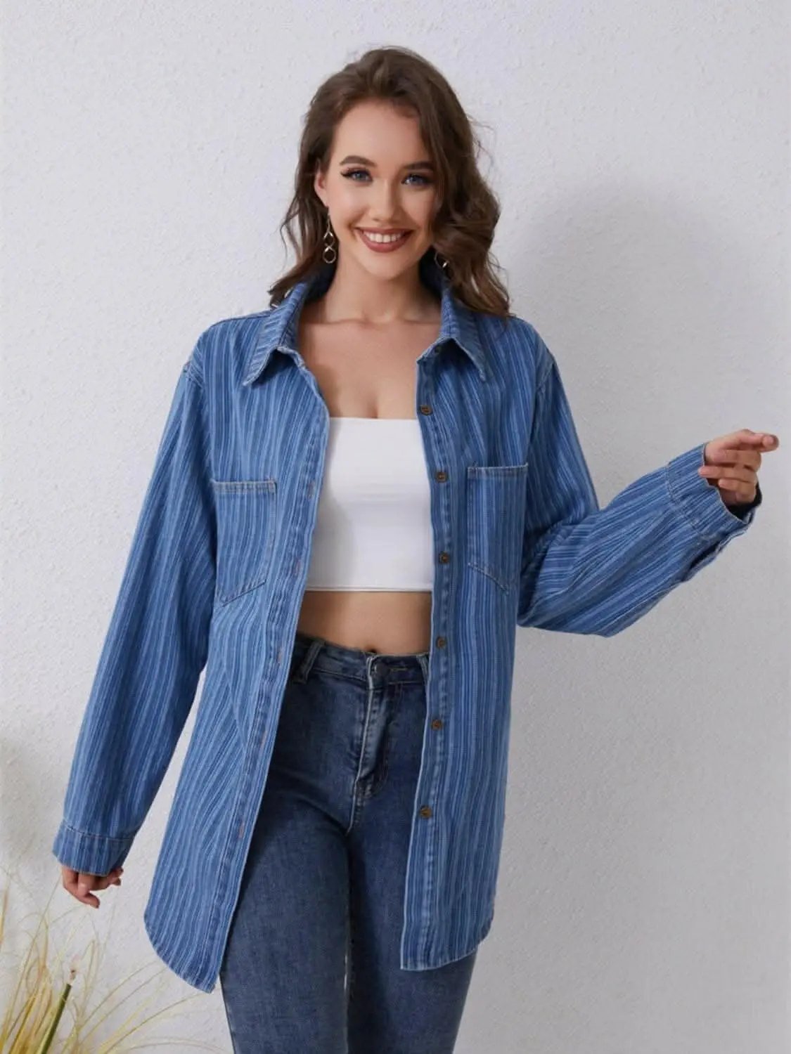 Women's Striped Denim Shirt by Trendsi | Cotton Blend