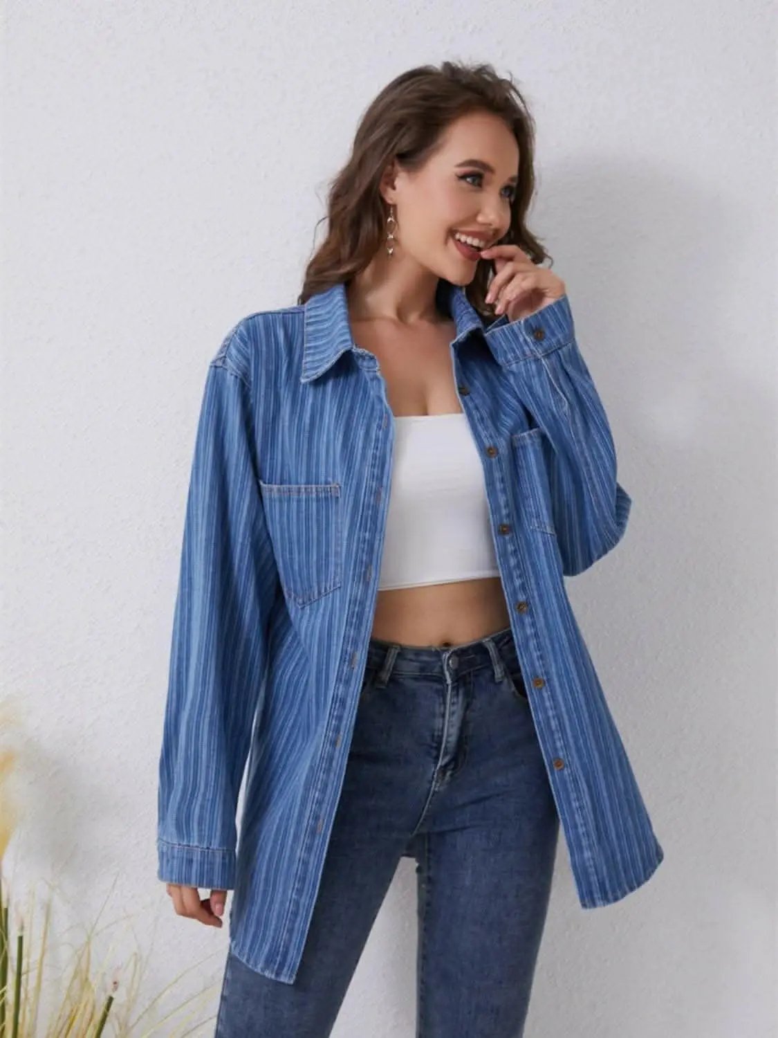 Women's Striped Denim Shirt by Trendsi | Cotton Blend