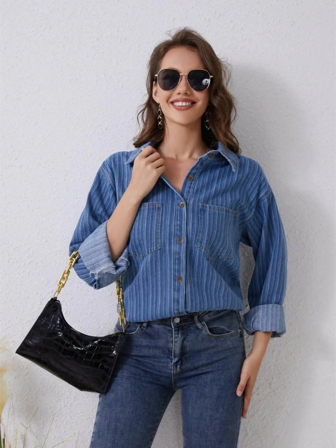 Women's Striped Denim Shirt by Trendsi | Cotton Blend