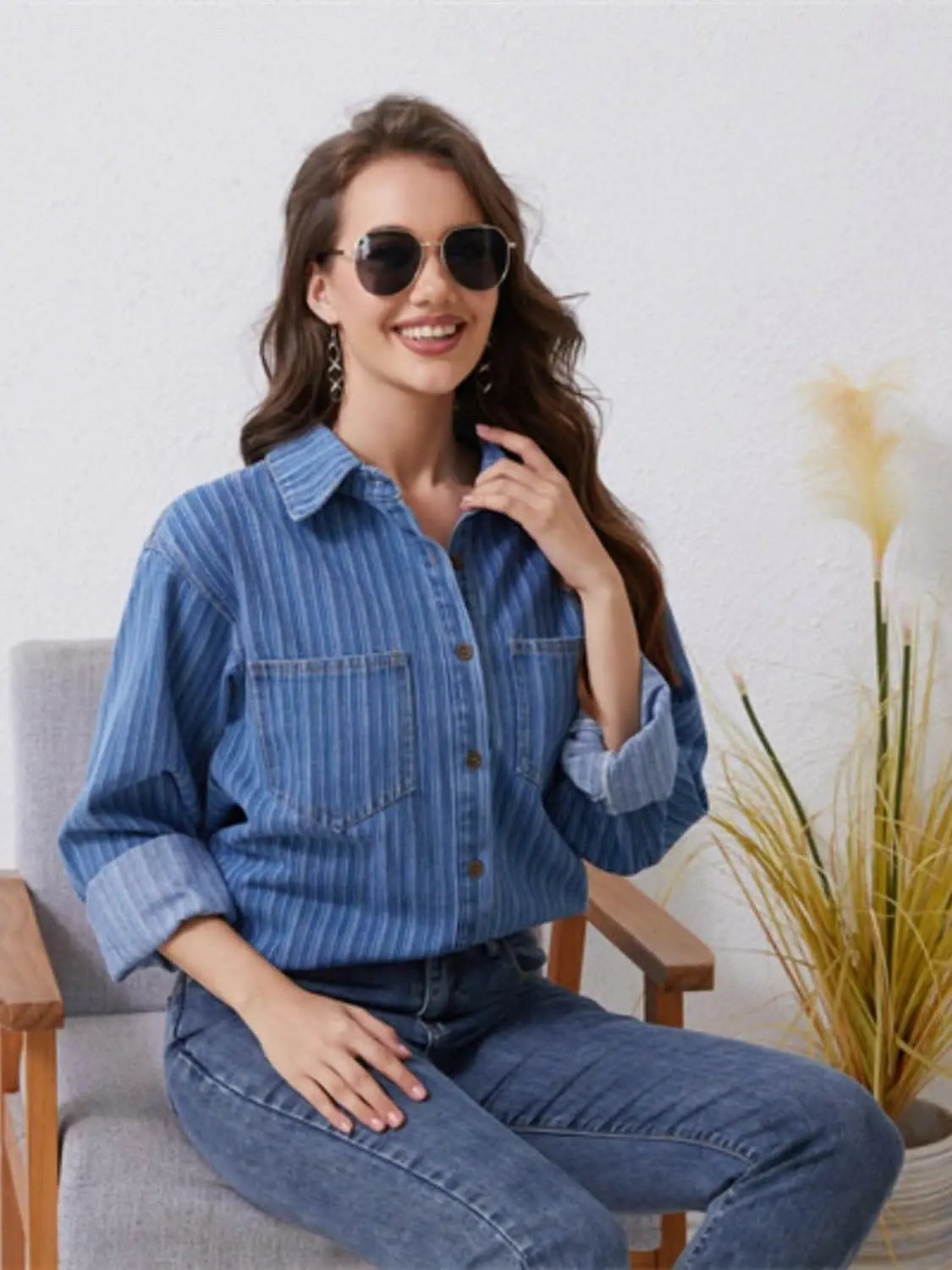 Women's Striped Denim Shirt by Trendsi | Cotton Blend