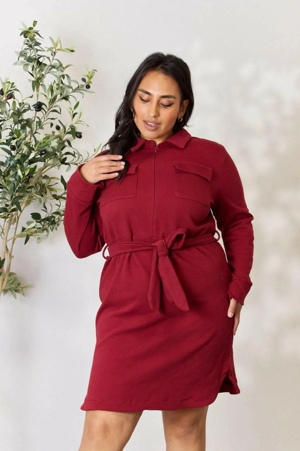 Accessories Trendsi Zip-Front Shirt Dress Women's Trendy Long Sleeve Tie Waist Mini Dress