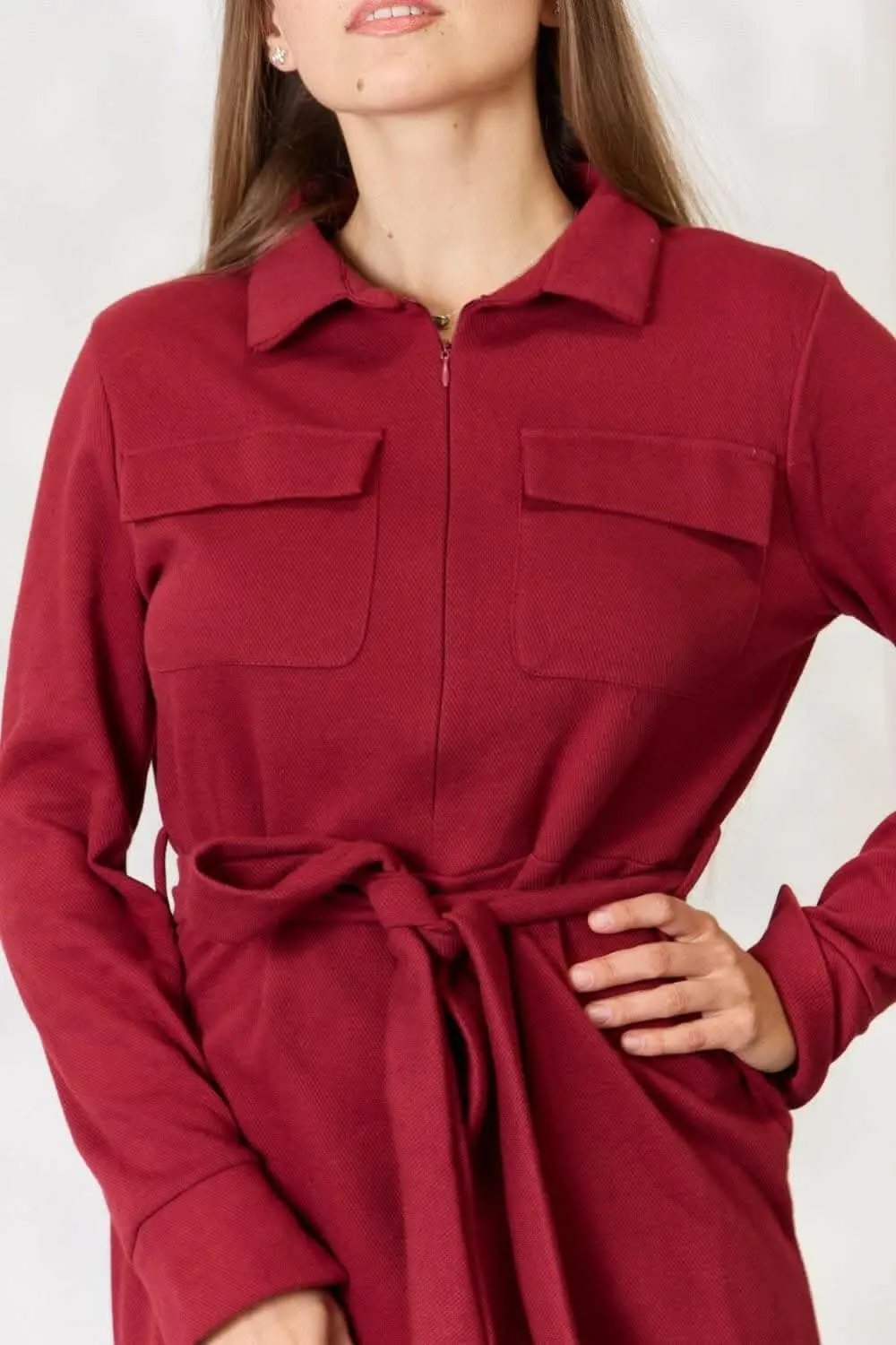 Accessories Trendsi Zip-Front Shirt Dress Women's Trendy Long Sleeve Tie Waist Mini Dress