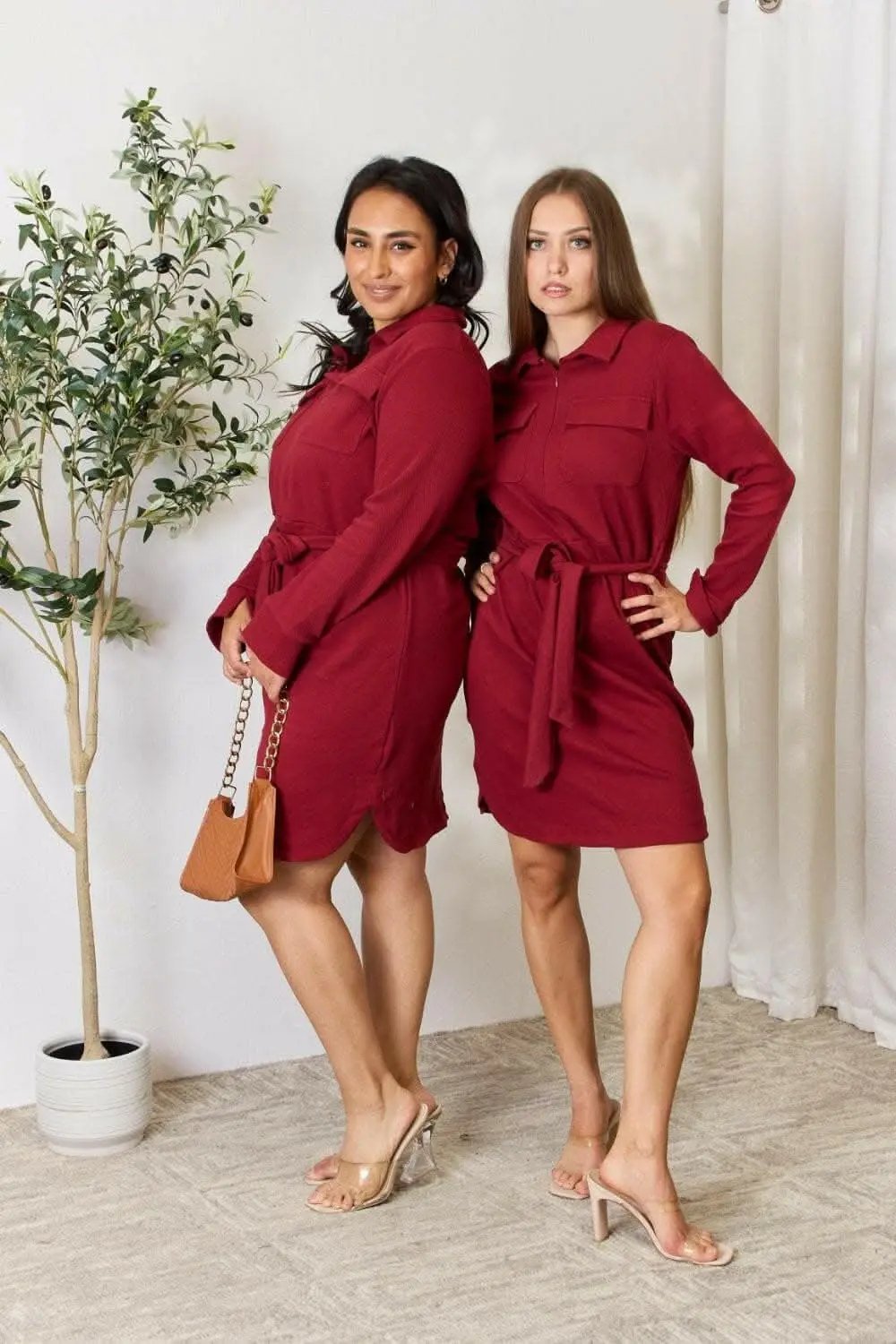 Accessories Trendsi Zip-Front Shirt Dress Women's Trendy Long Sleeve Tie Waist Mini Dress
