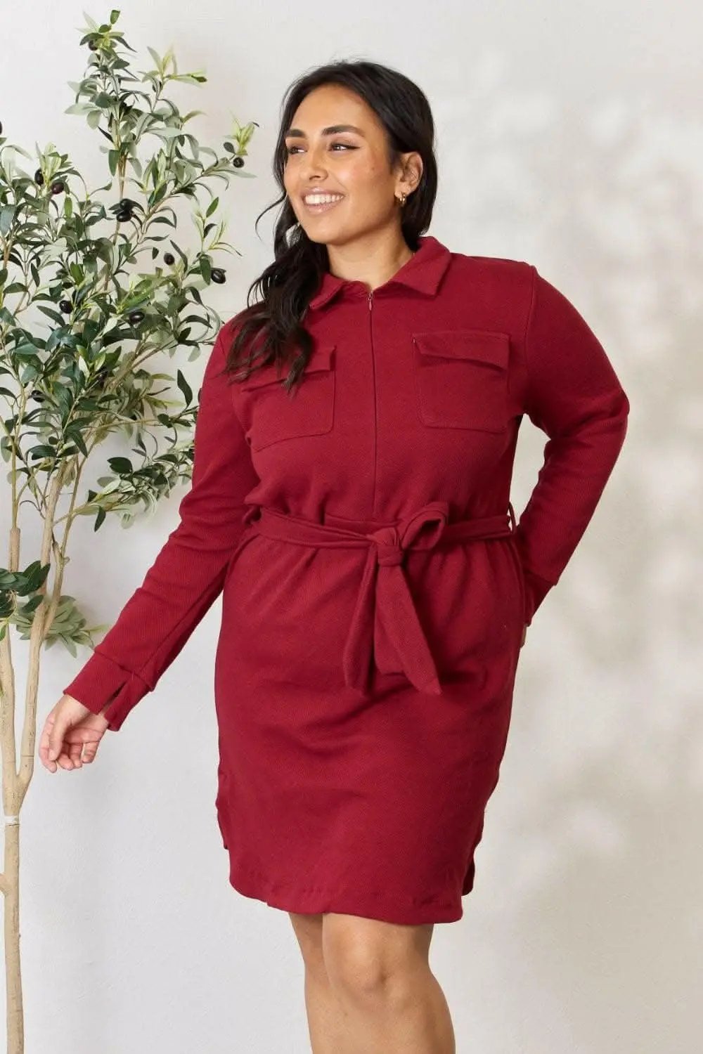 Accessories Trendsi Zip-Front Shirt Dress Women's Trendy Long Sleeve Tie Waist Mini Dress
