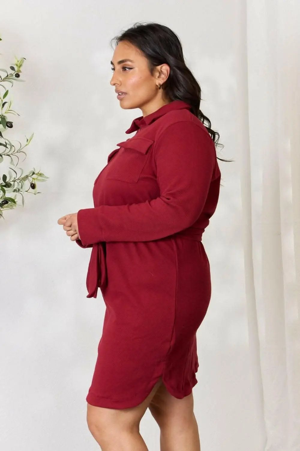 Accessories Trendsi Zip-Front Shirt Dress Women's Trendy Long Sleeve Tie Waist Mini Dress