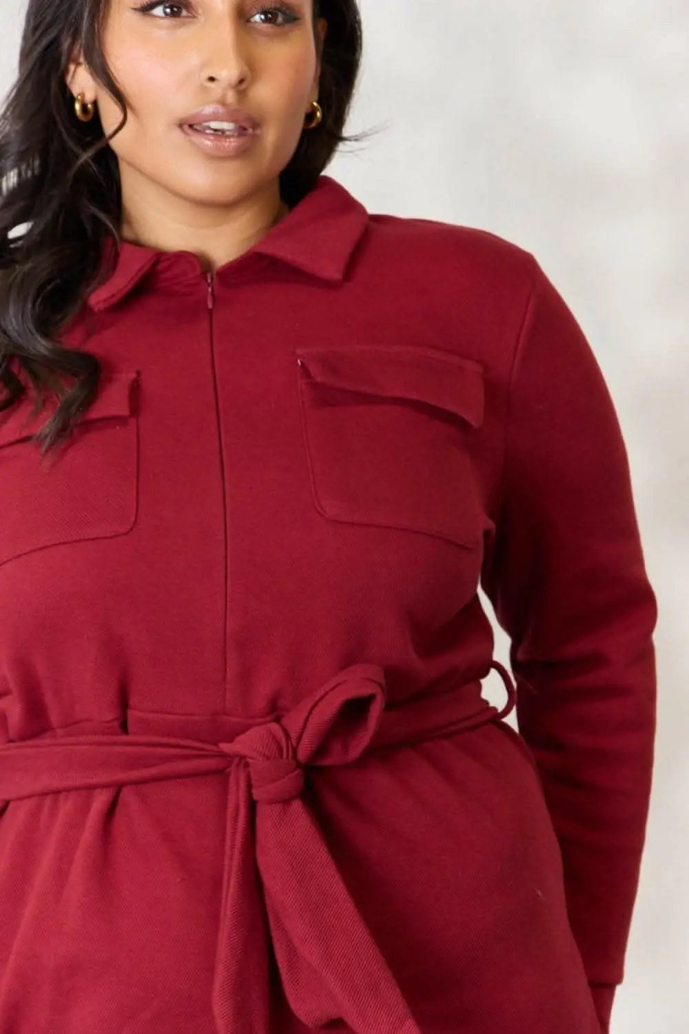 Accessories Trendsi Zip-Front Shirt Dress Women's Trendy Long Sleeve Tie Waist Mini Dress