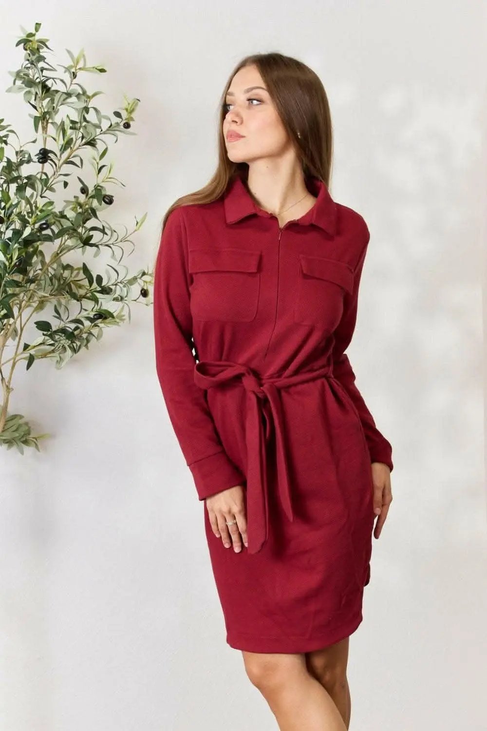 Accessories Trendsi Zip-Front Shirt Dress Women's Trendy Long Sleeve Tie Waist Mini Dress
