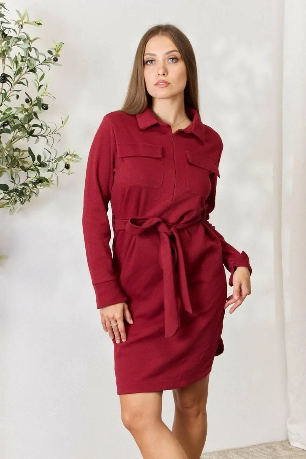 Accessories Trendsi Zip-Front Shirt Dress Women's Trendy Long Sleeve Tie Waist Mini Dress