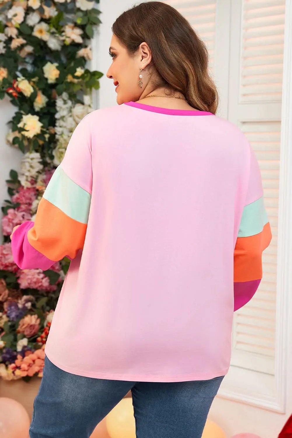 Love Salve Plus Size Long Sleeve Top Pink Colorblock — Casual Daily Wear