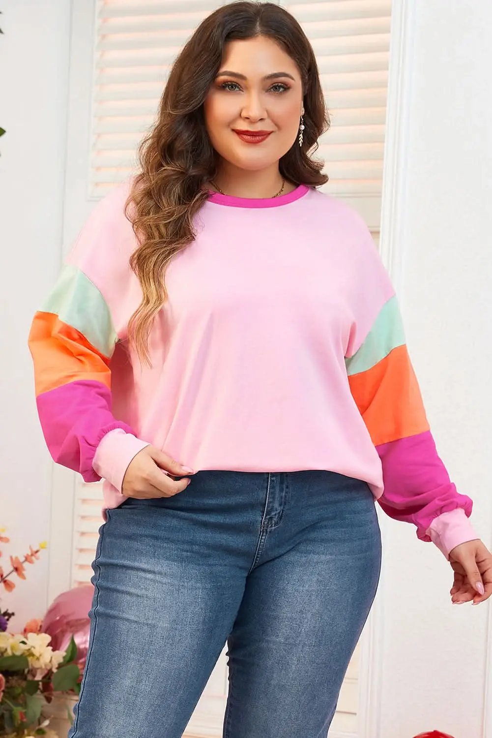 Love Salve Plus Size Long Sleeve Top Pink Colorblock — Casual Daily Wear