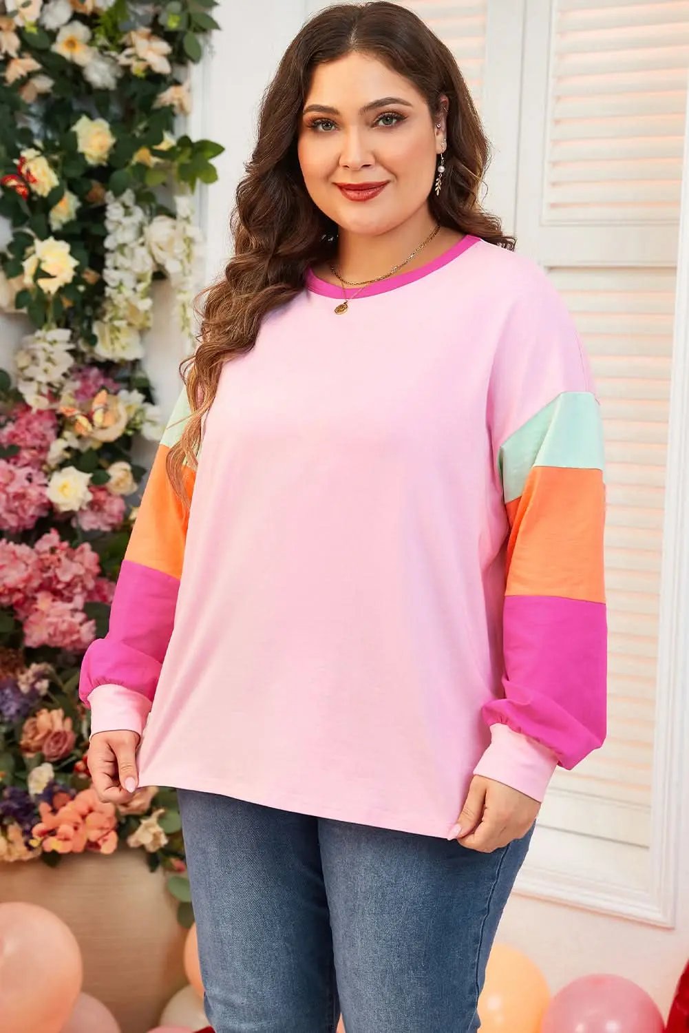 Love Salve Plus Size Long Sleeve Top Pink Colorblock — Casual Daily Wear