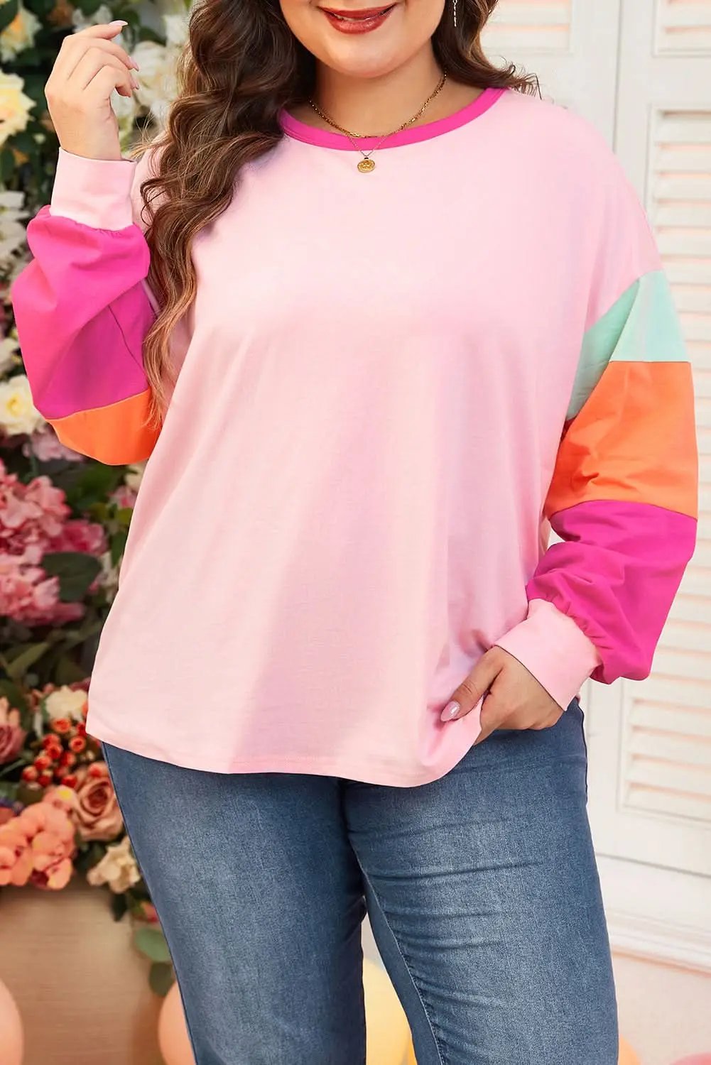 Love Salve Plus Size Long Sleeve Top Pink Colorblock — Casual Daily Wear