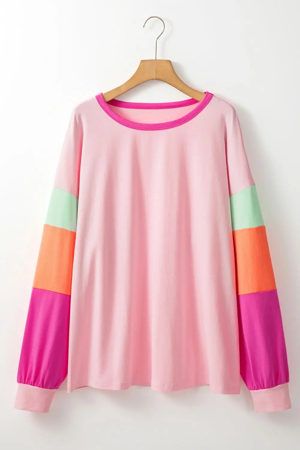 Love Salve Plus Size Long Sleeve Top Pink Colorblock — Casual Daily Wear