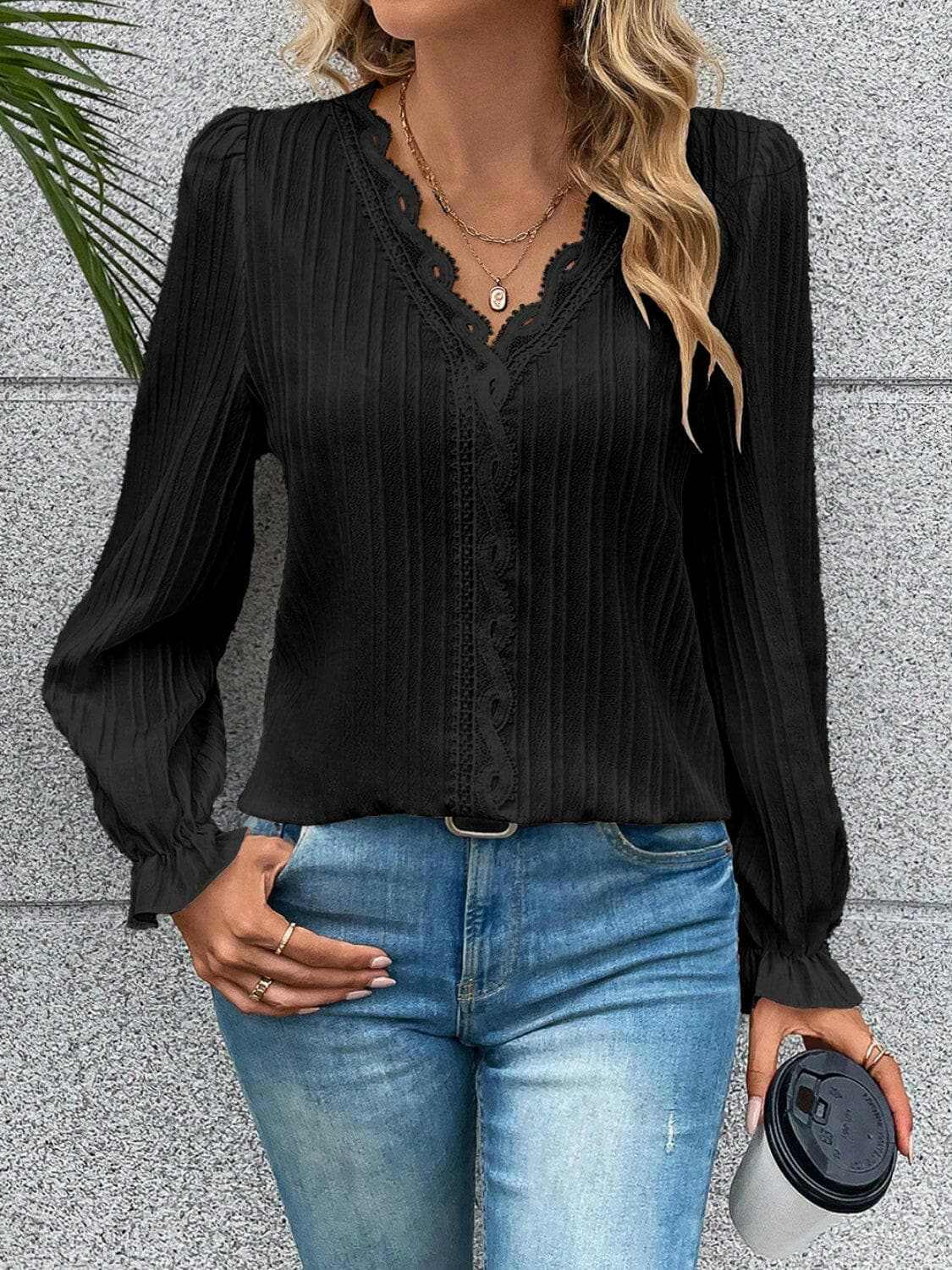 Accessories Trendsi Lace Blouse Women's Elegant V-Neck Flutter Sleeve Top Stylish