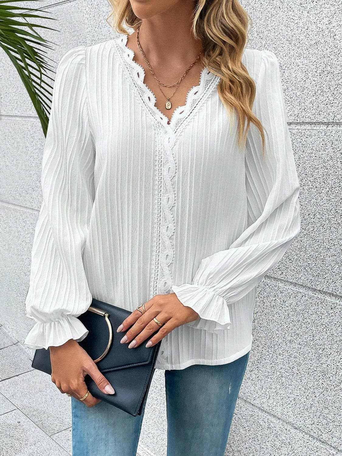 Accessories Trendsi Lace Blouse Women's Elegant V-Neck Flutter Sleeve Top Stylish