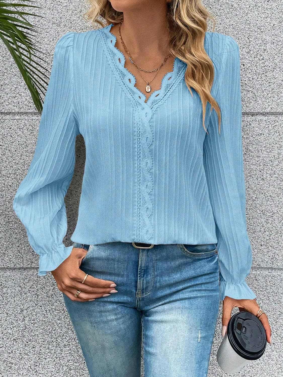 Accessories Trendsi Lace Blouse Women's Elegant V-Neck Flutter Sleeve Top Stylish
