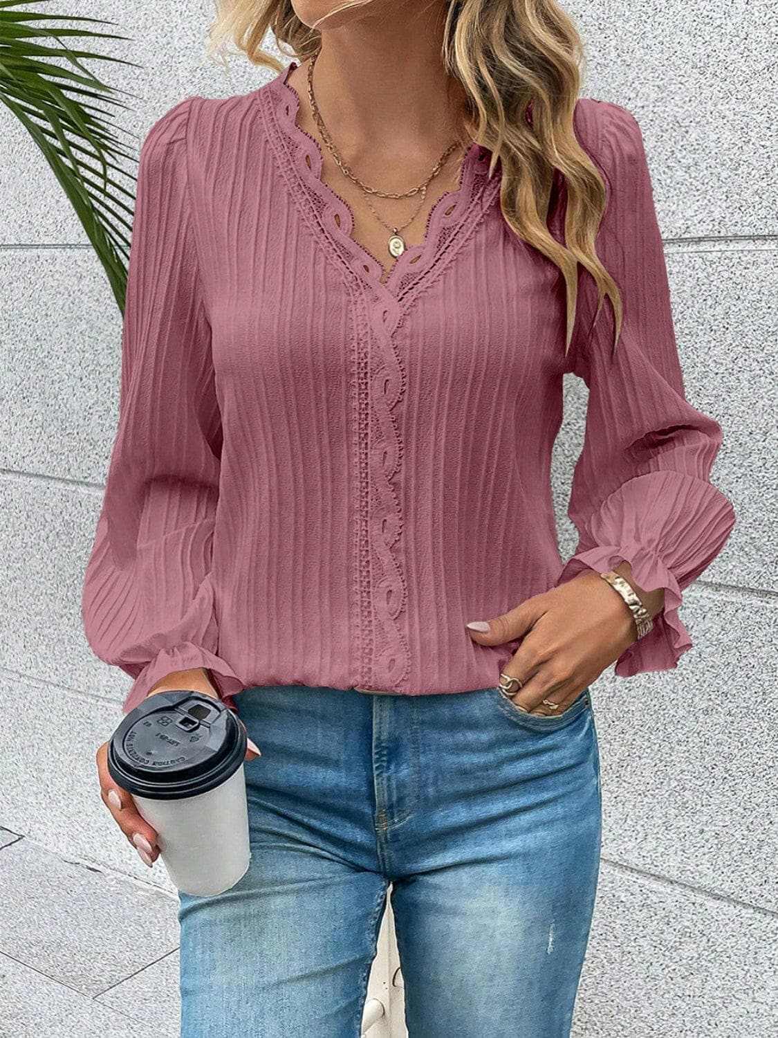 Accessories Trendsi Lace Blouse Women's Elegant V-Neck Flutter Sleeve Top Stylish