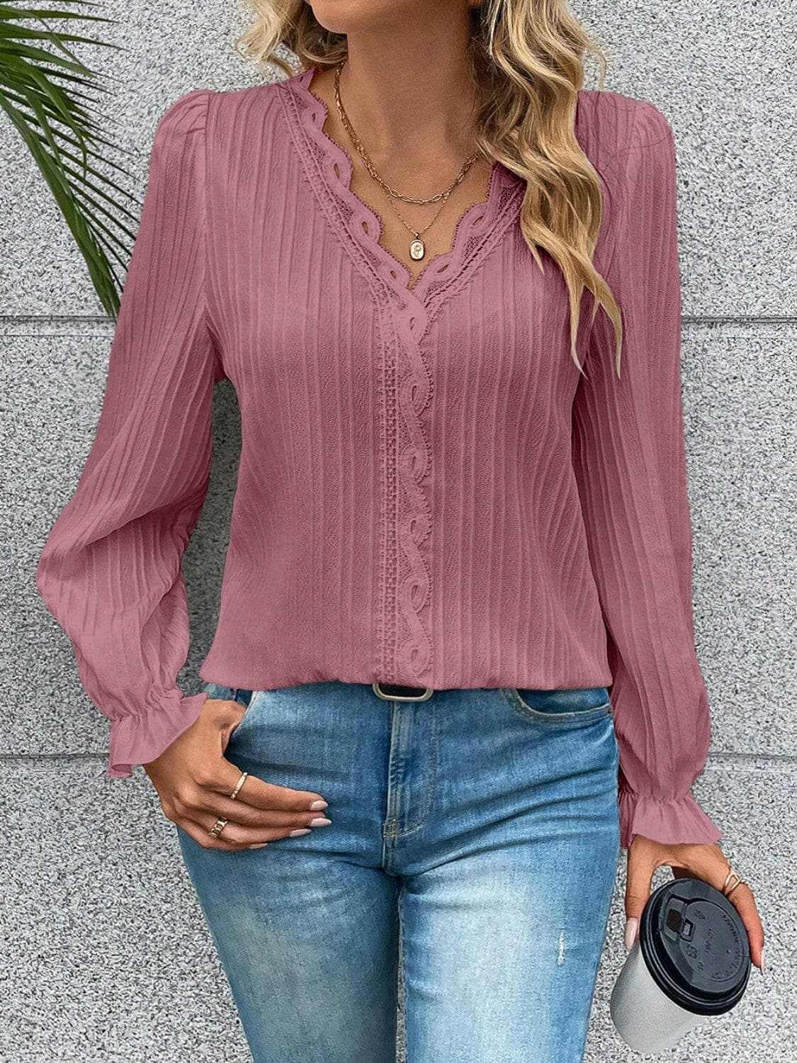 Accessories Trendsi Lace Blouse Women's Elegant V-Neck Flutter Sleeve Top Stylish