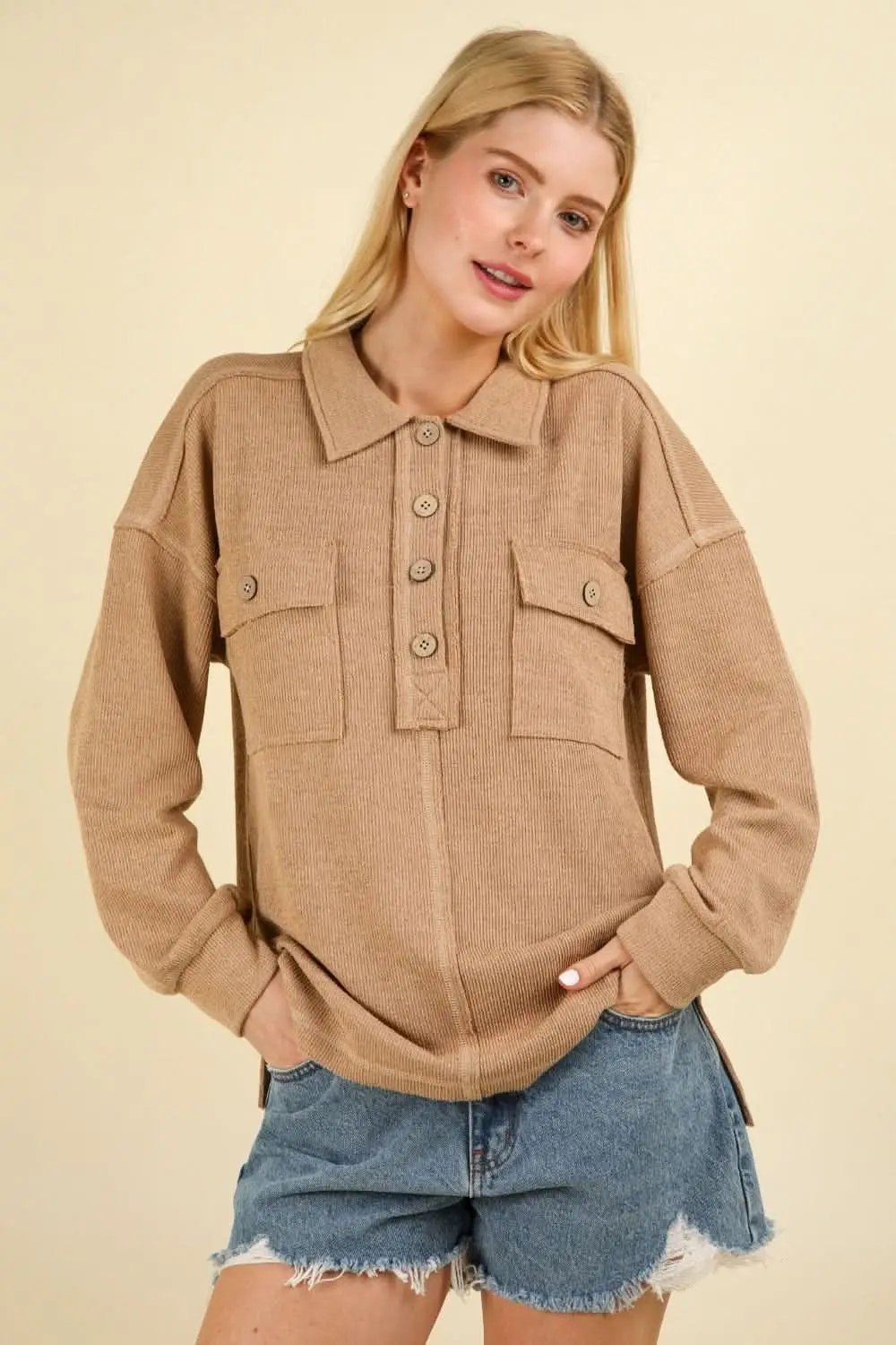Women's Knit Collared Shirt Knit Collared Shirt - Soft & Comfy with Pockets - Casual Style