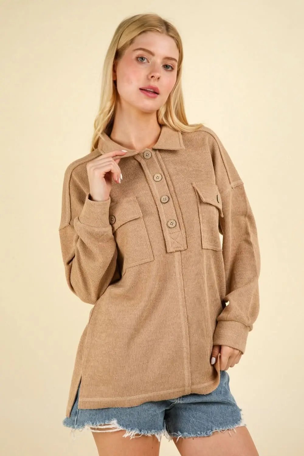 Women's Knit Collared Shirt Knit Collared Shirt - Soft & Comfy with Pockets - Casual Style