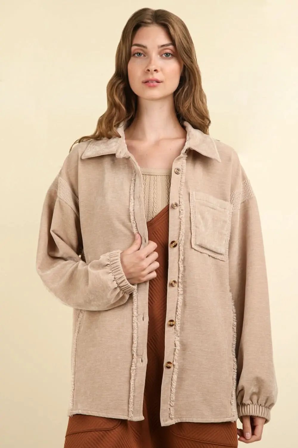 Trendsi Shacket Mixed Media Button-Front — Soft Casual Layering Jacket