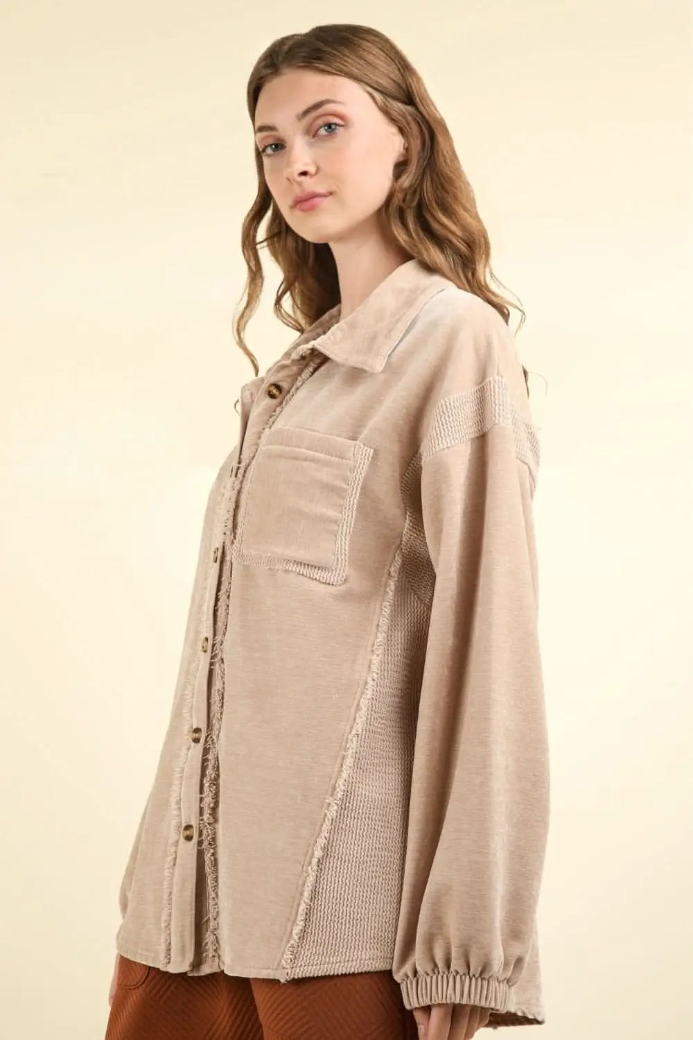 Trendsi Shacket Mixed Media Button-Front — Soft Casual Layering Jacket