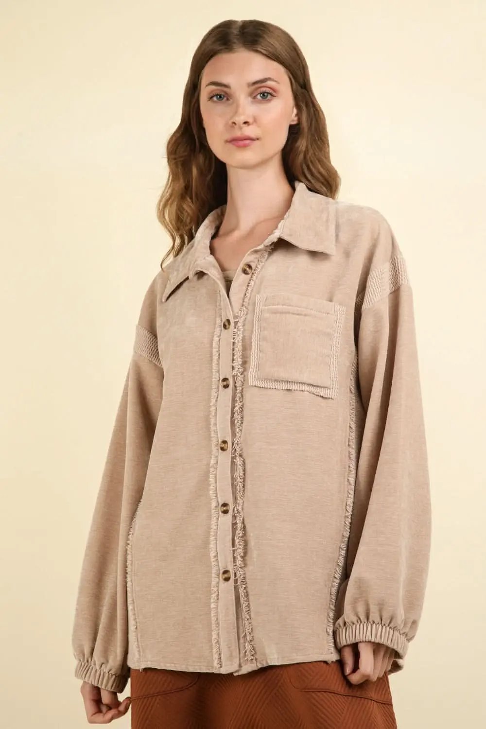 Trendsi Shacket Mixed Media Button-Front — Soft Casual Layering Jacket