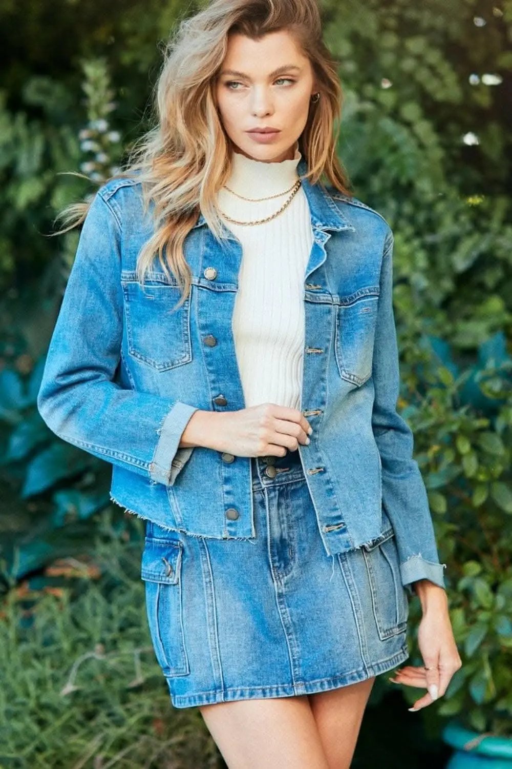 Shirts Trendsi Denim Jacket Women's Everyday Button Up Raw Hem Jean Jacket