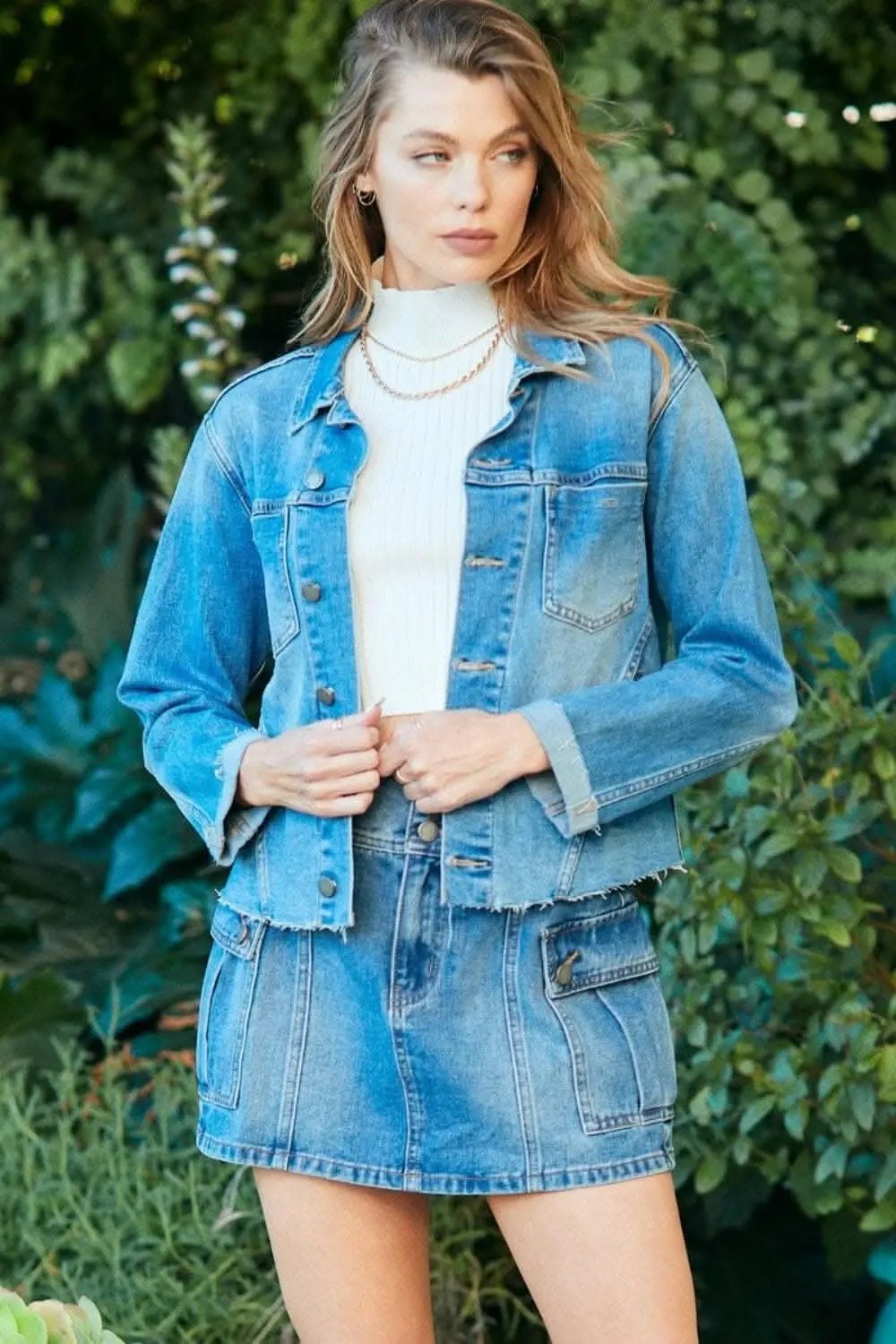 Shirts Trendsi Denim Jacket Women's Everyday Button Up Raw Hem Jean Jacket