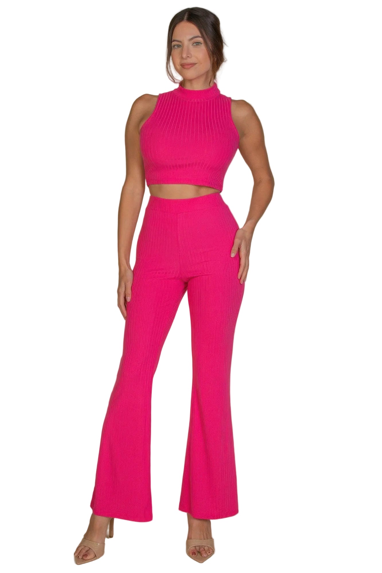 Ribbed Mock Neck Crop Tank Top & Bootcut Pants Set