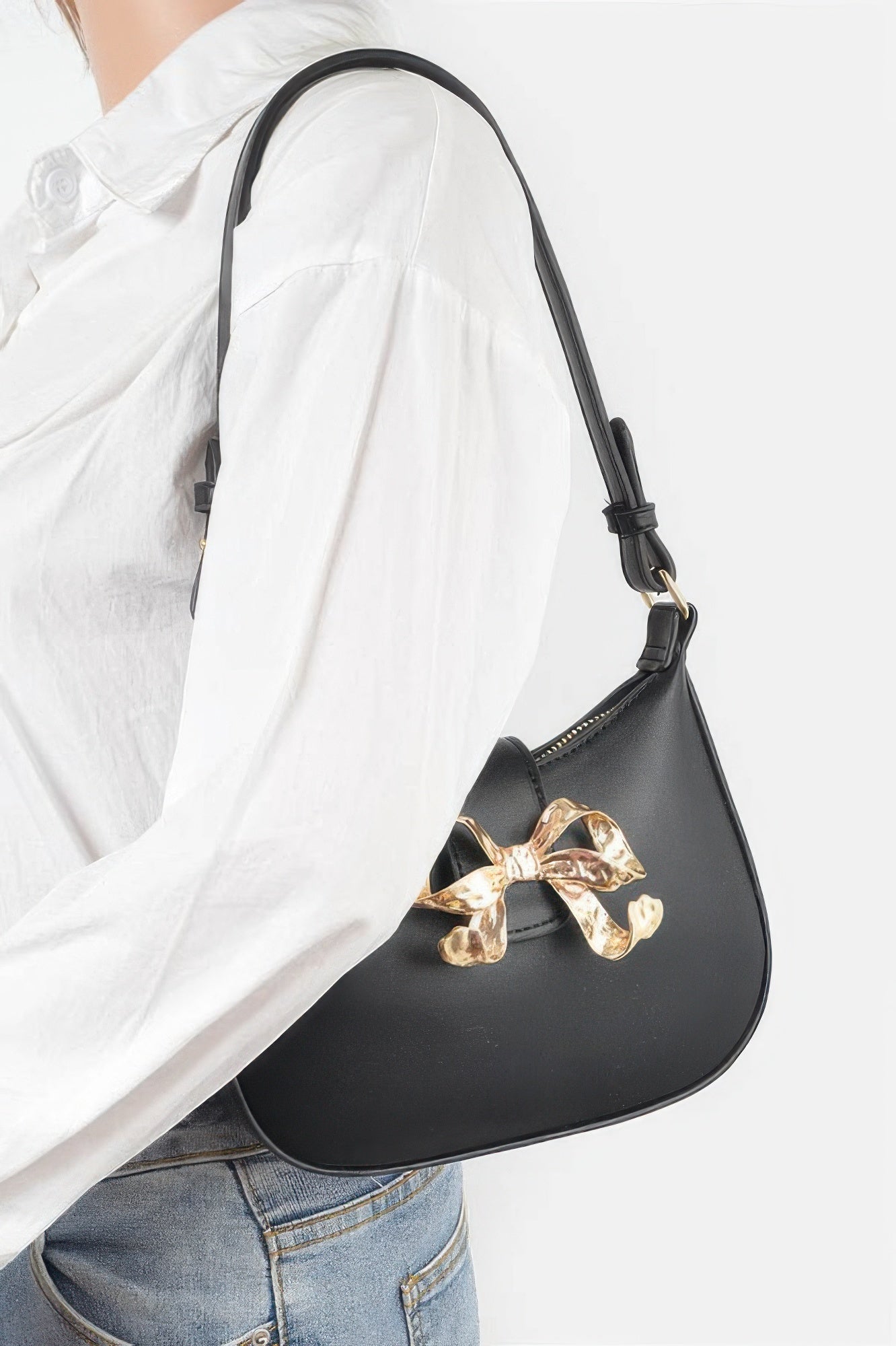 Vegan Leather Small Hobo Bag W/metal Ribbon