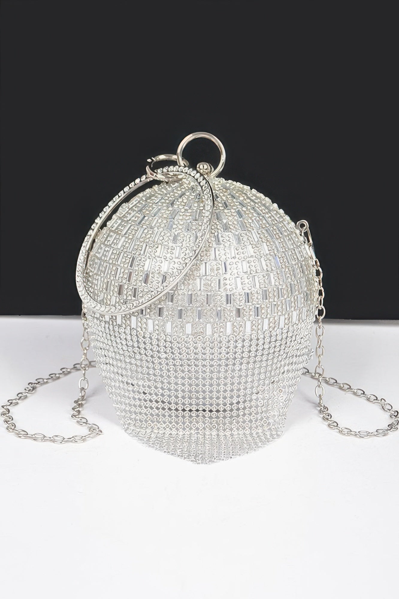 Rhinestone Glass Silver Tone Round Ball Clutch Handbag