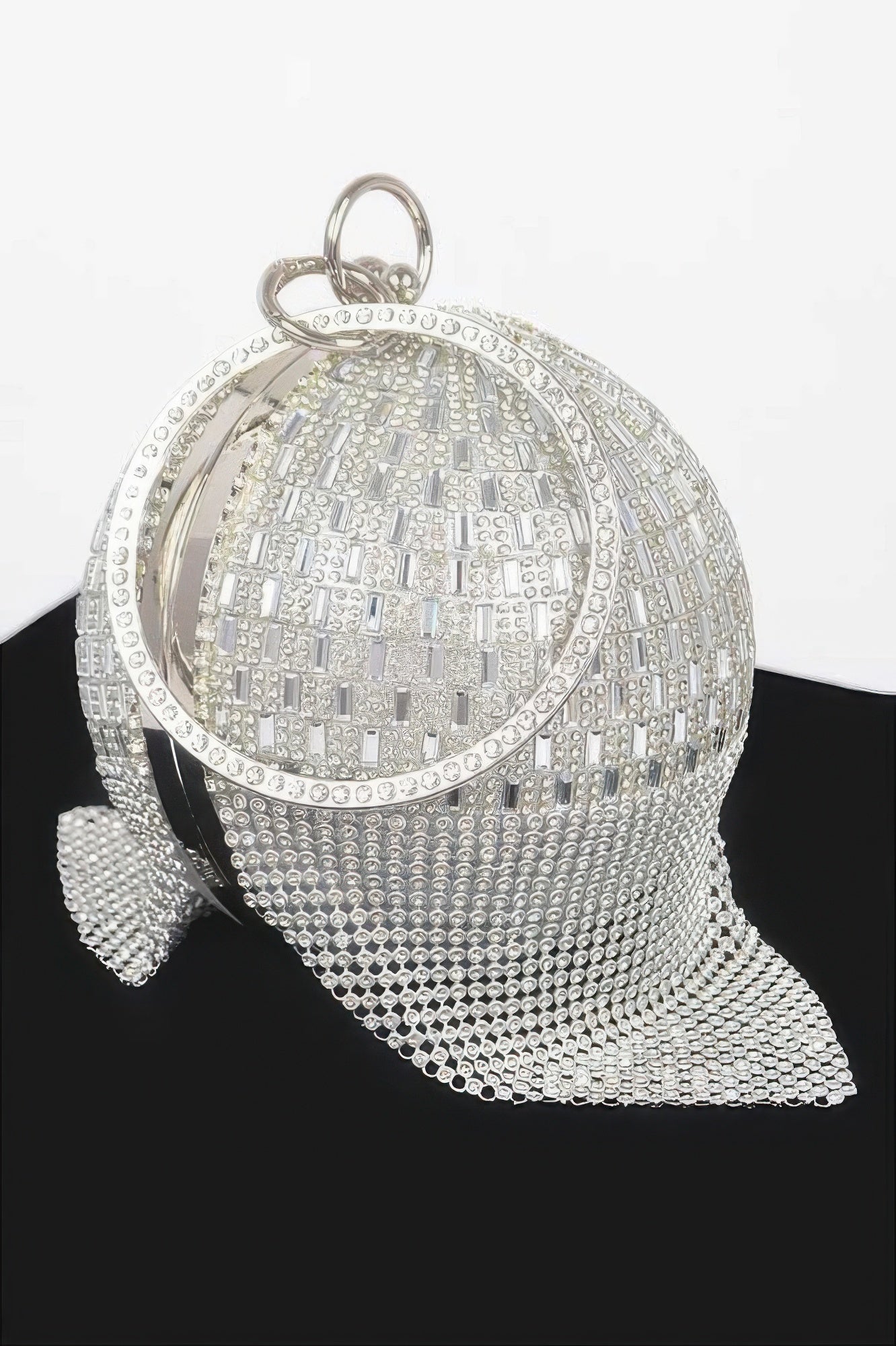Rhinestone Glass Silver Tone Round Ball Clutch Handbag