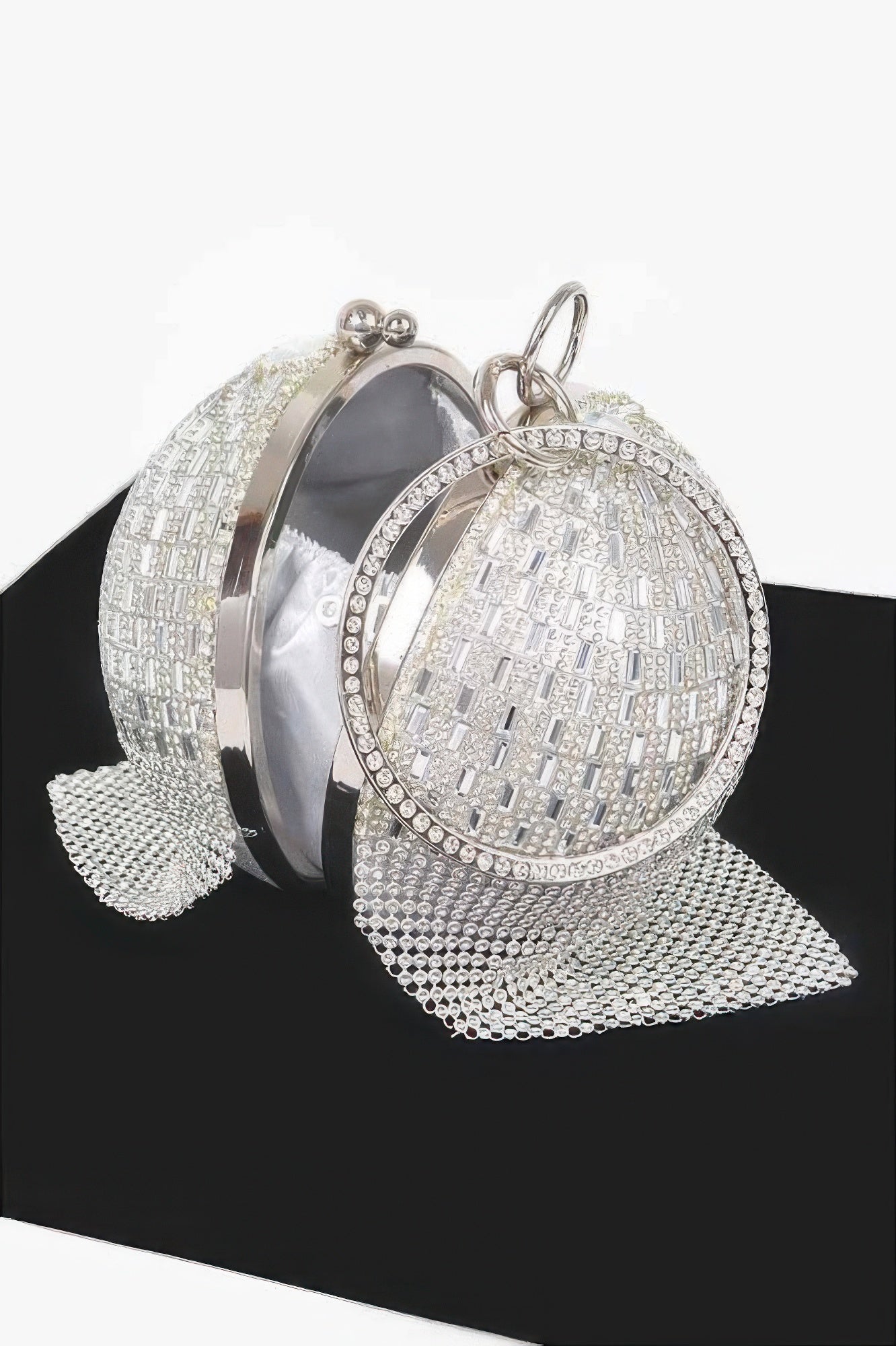 Rhinestone Glass Silver Tone Round Ball Clutch Handbag