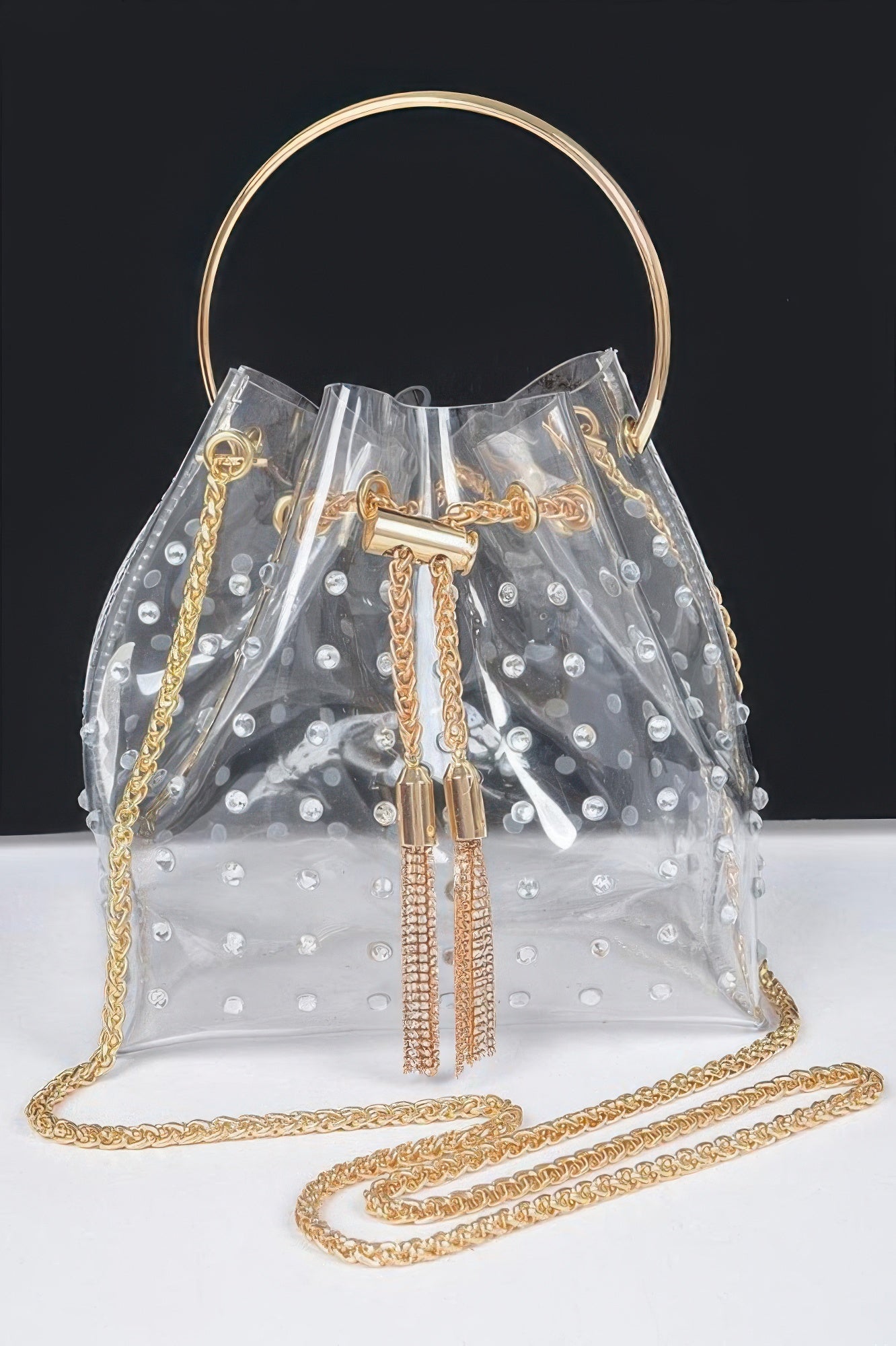 Faux Pearl Studded Bucket Bag W/metal Handle
