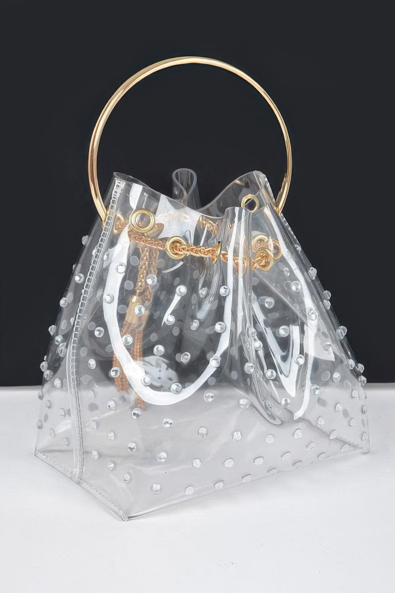 Faux Pearl Studded Bucket Bag W/metal Handle