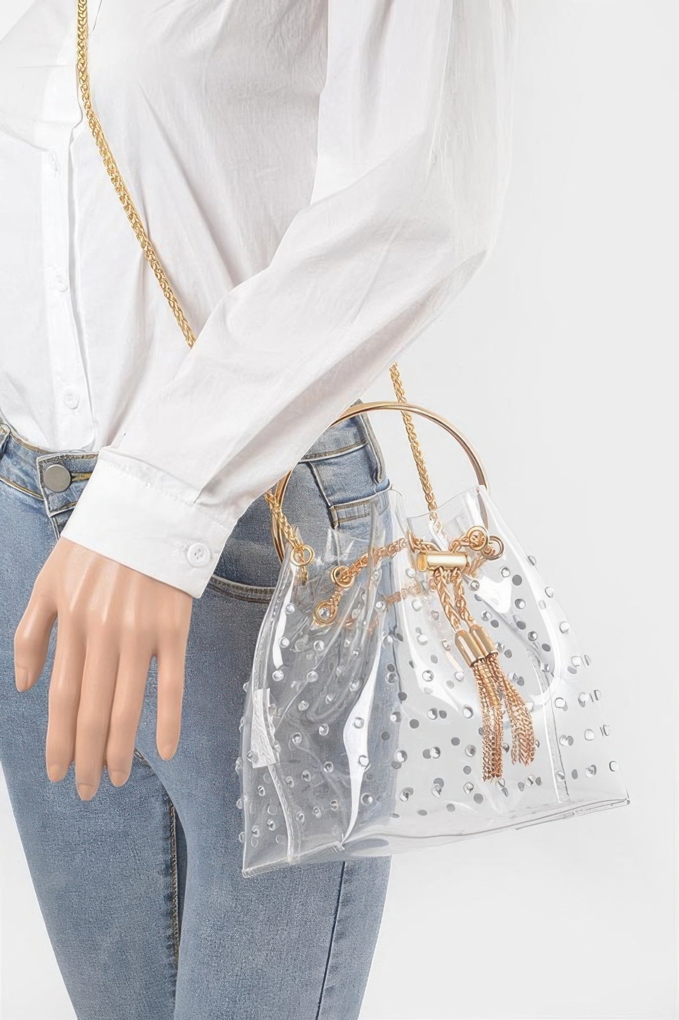 Faux Pearl Studded Bucket Bag W/metal Handle
