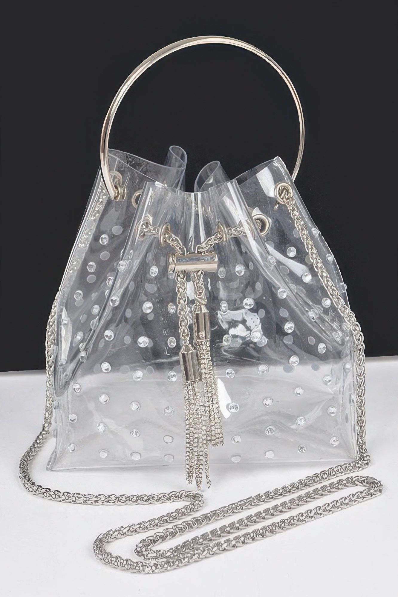 Faux Pearl Studded Bucket Bag W/metal Handle