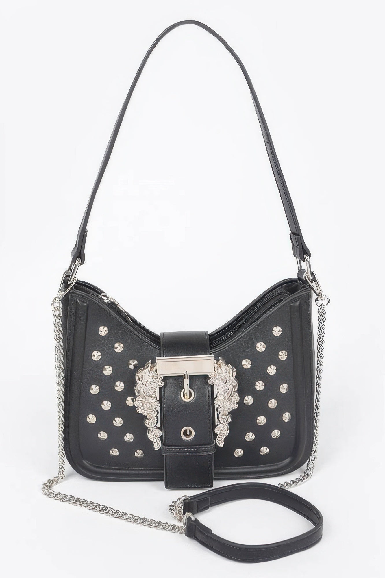 Faux Leather Studded Metal Buckle Shoulder Bag