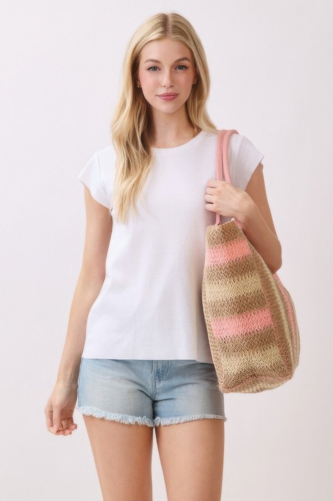 Natural Brown Multi Color Stripe Straw Tote Bag