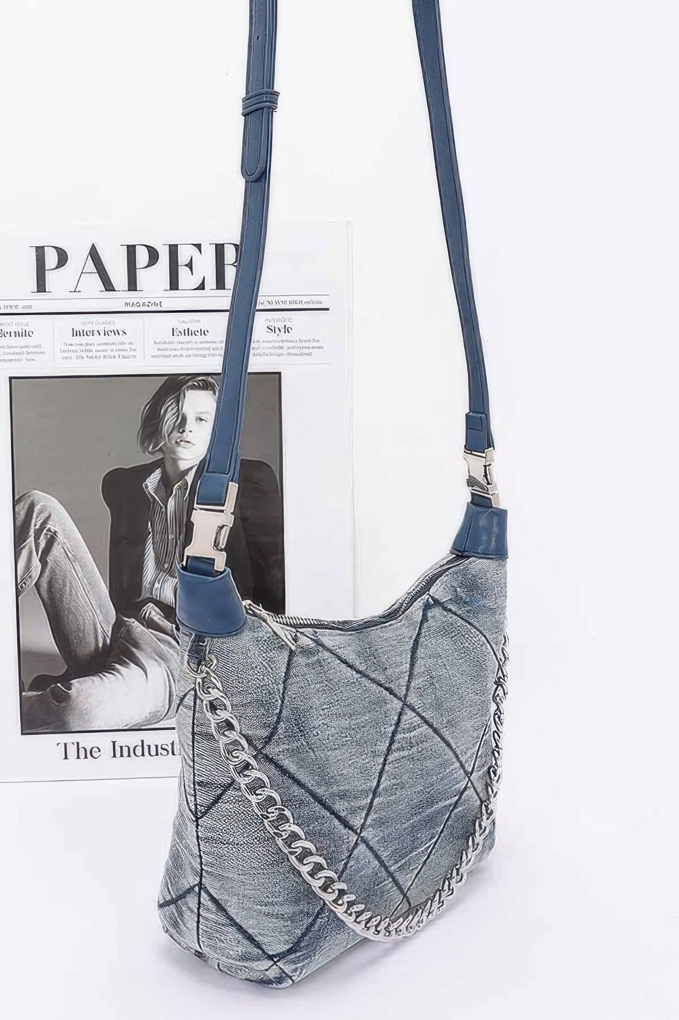 Quilted Washed Denim Shoulder Chain Crossbody Bag