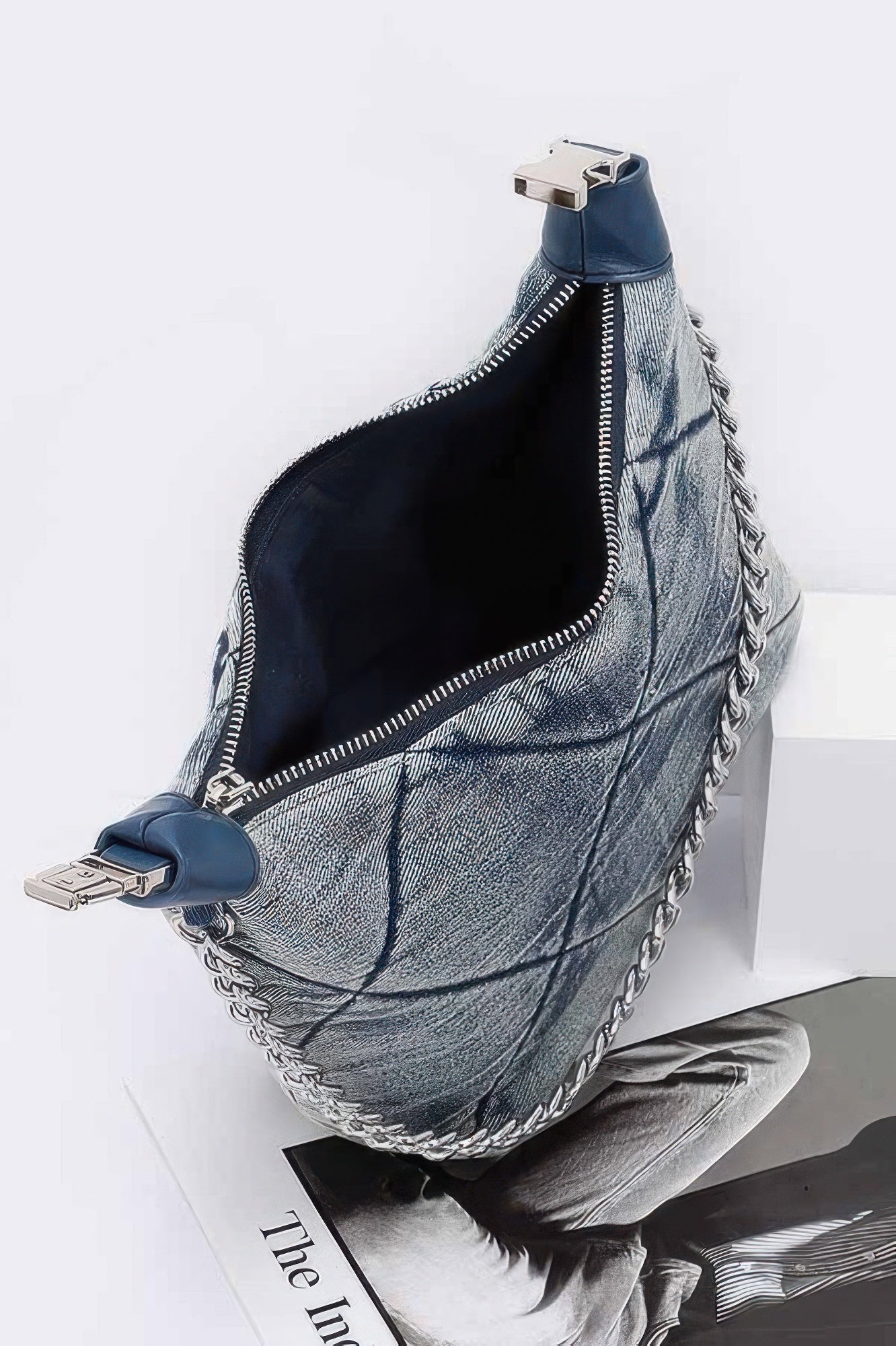 Quilted Washed Denim Shoulder Chain Crossbody Bag