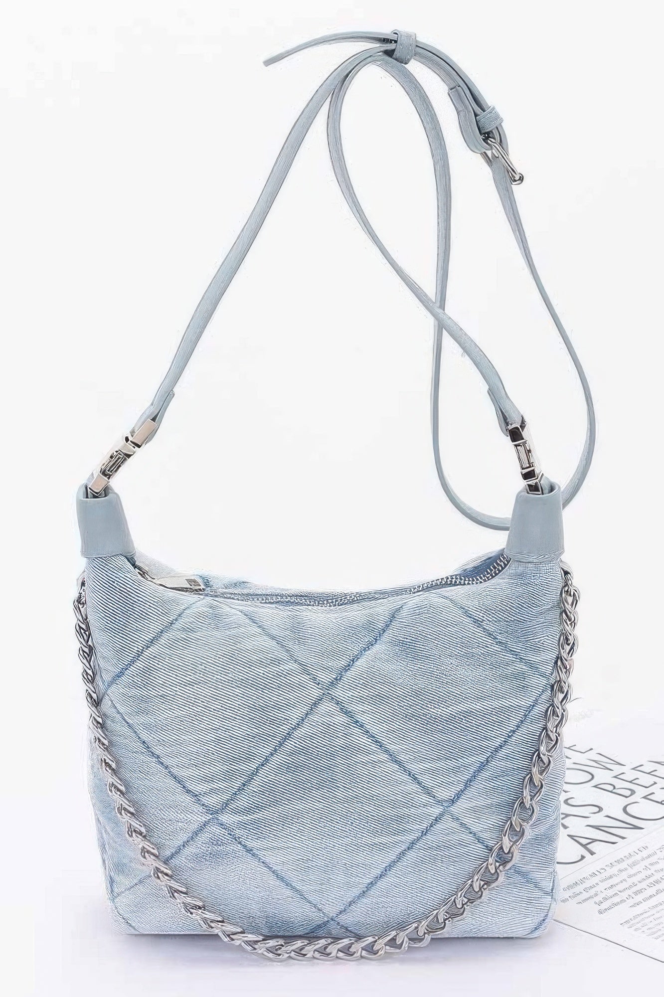 Quilted Washed Denim Shoulder Chain Crossbody Bag