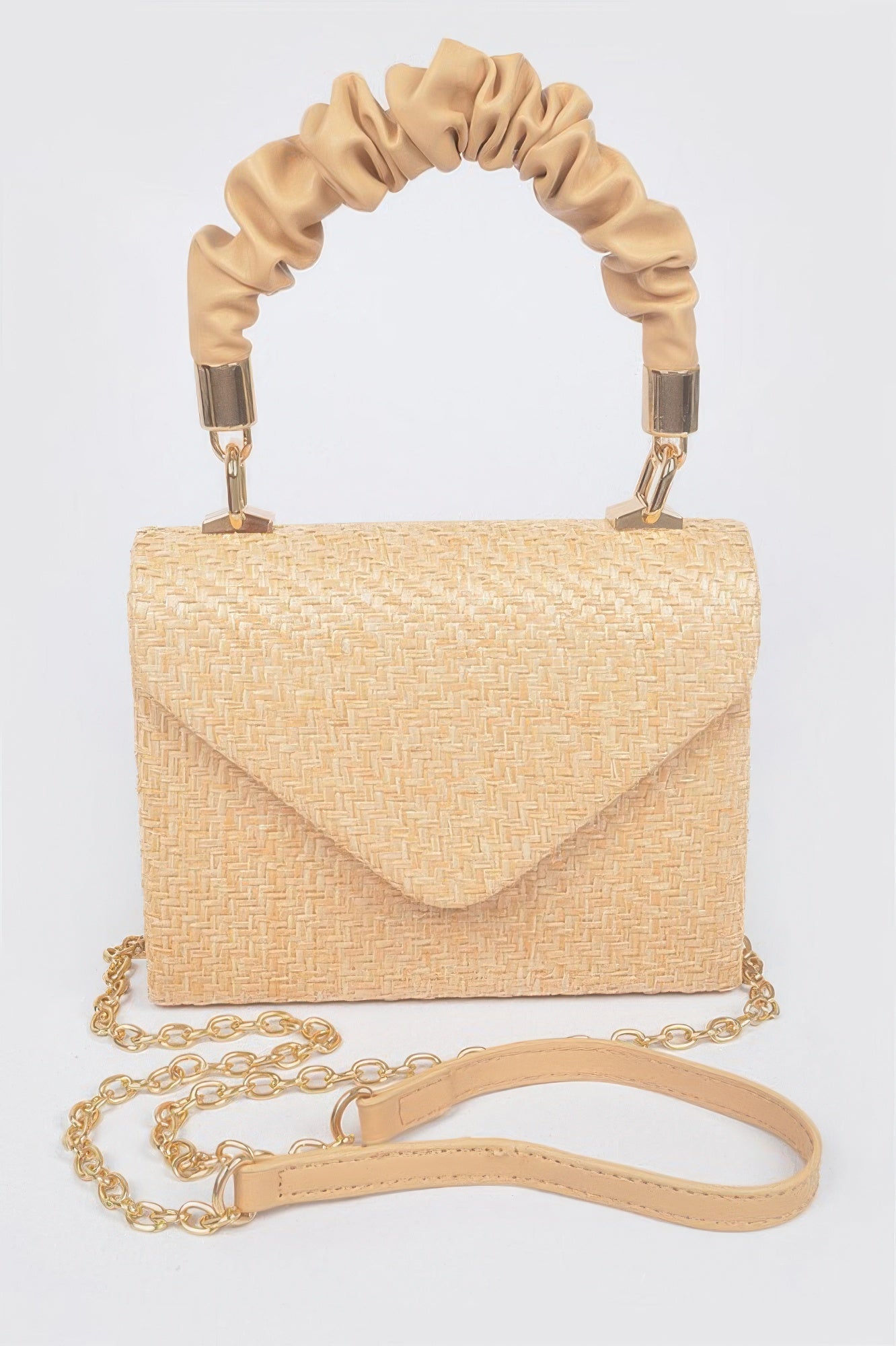 Faux Straw Top Handle Flap Bag