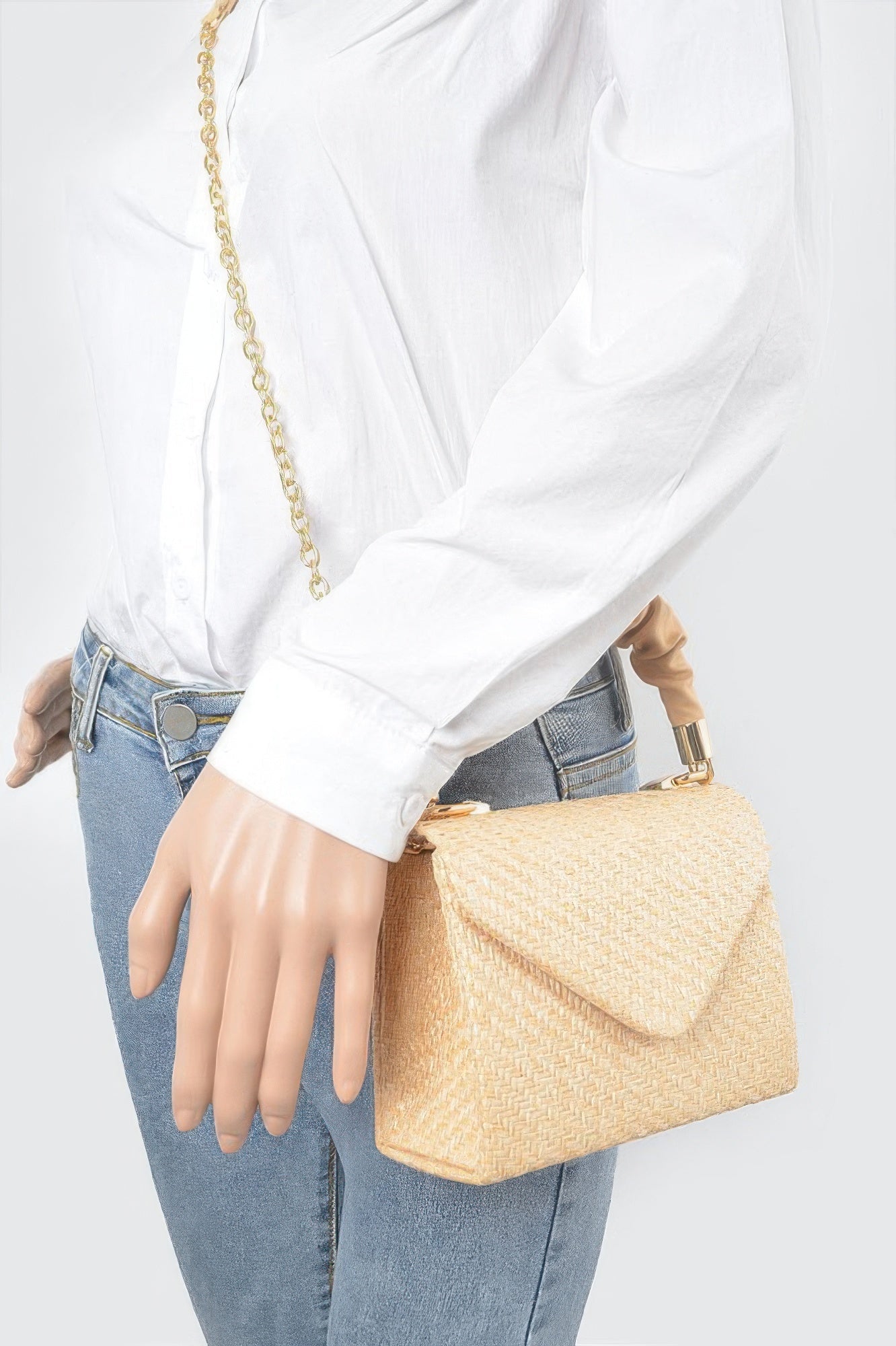Faux Straw Top Handle Flap Bag