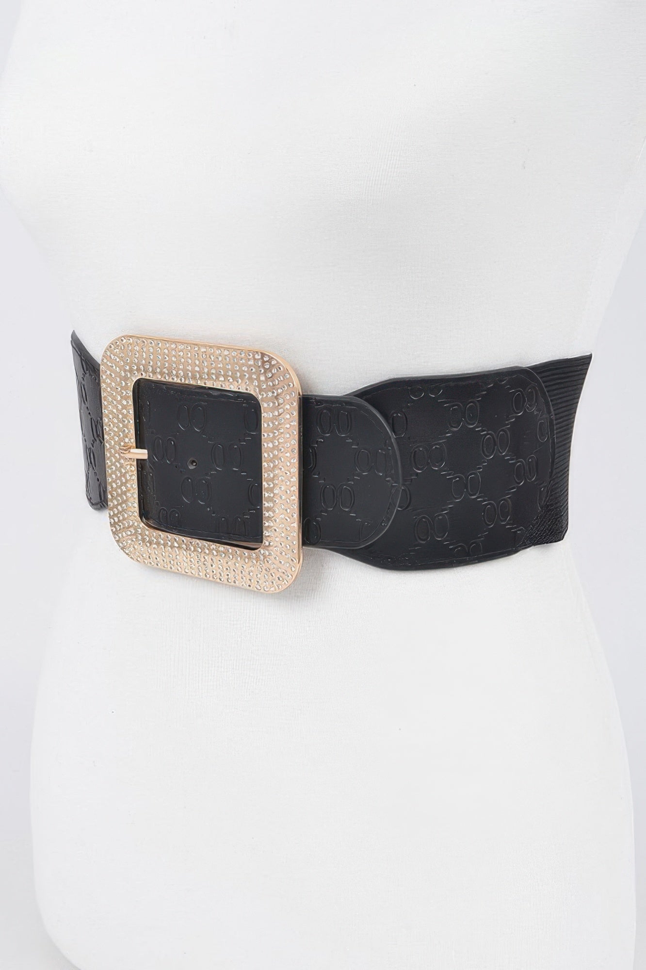 Big Rhinestone Buckle Embossed Elastic Belt