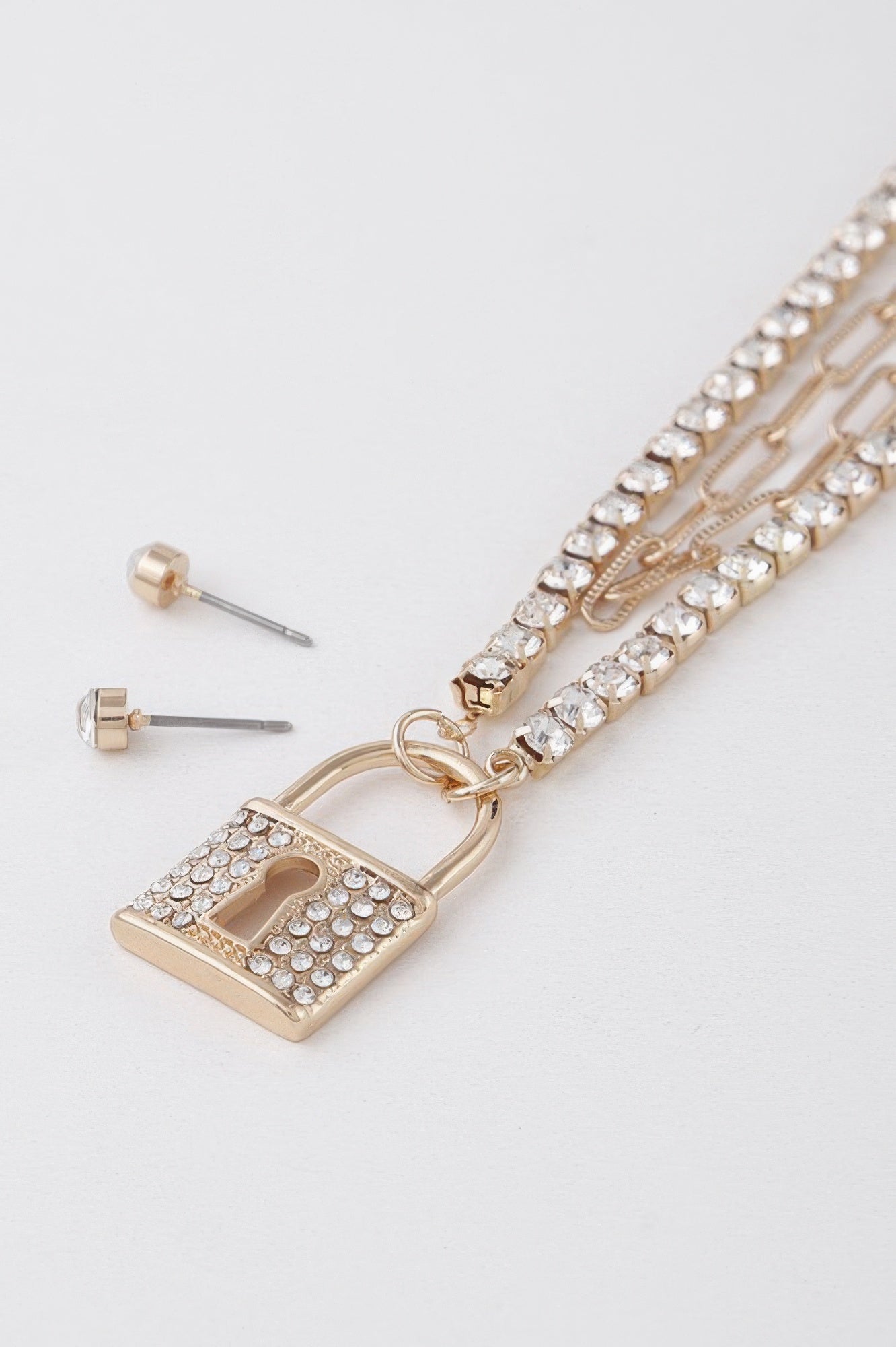 Rhinestone Lined Lock Pendant Necklace