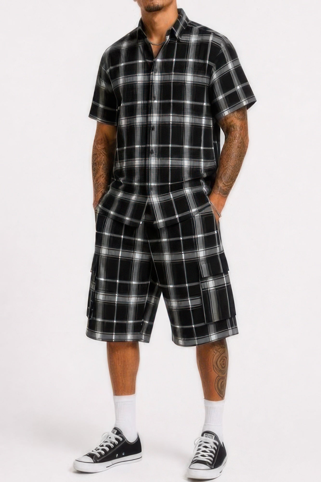 Men's Checkered Shirt And Cargo Shorts Set